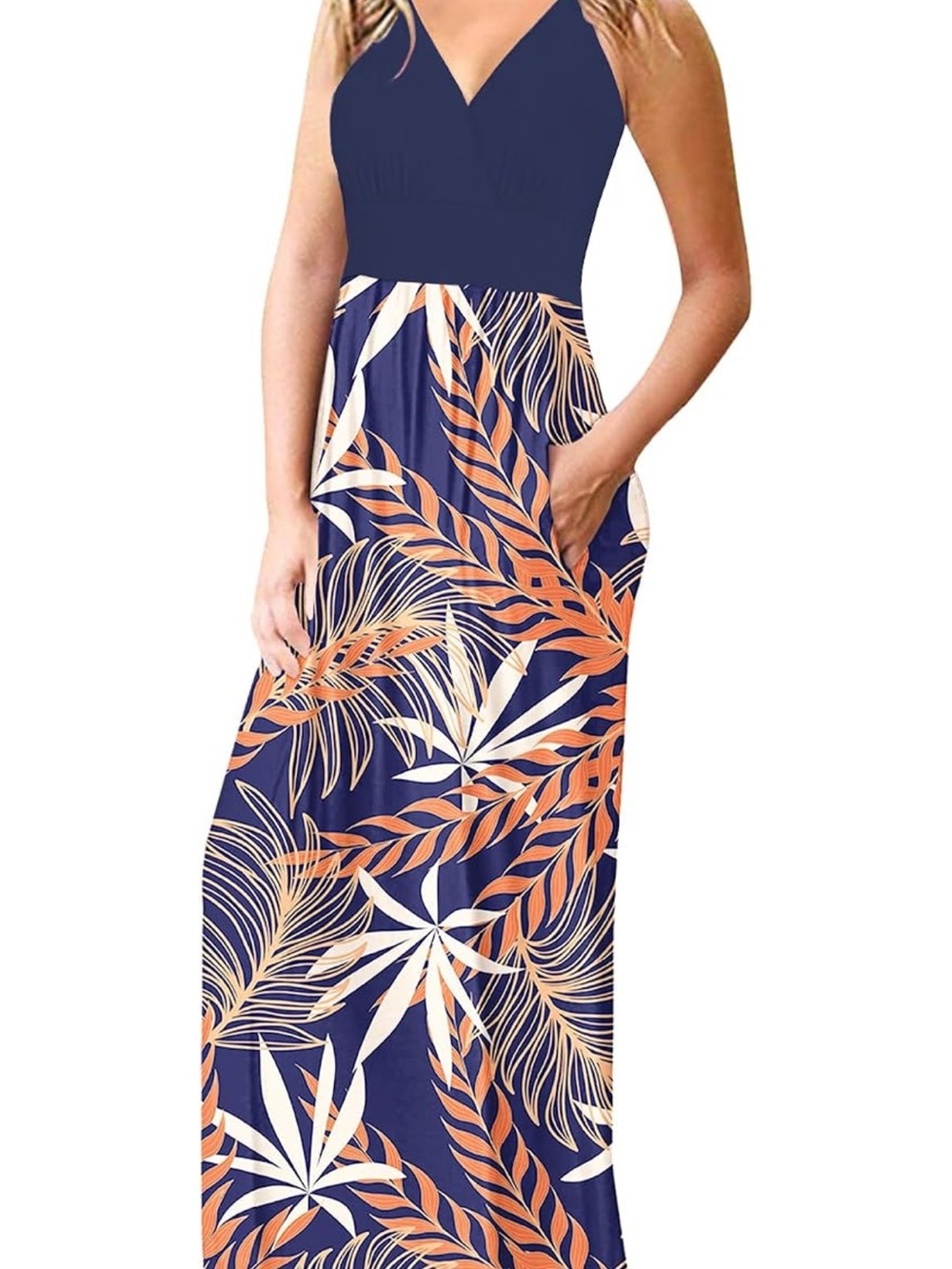 Tropical Palm Print V-Neck Empire Waist Maxi Dress with Pockets - Size L